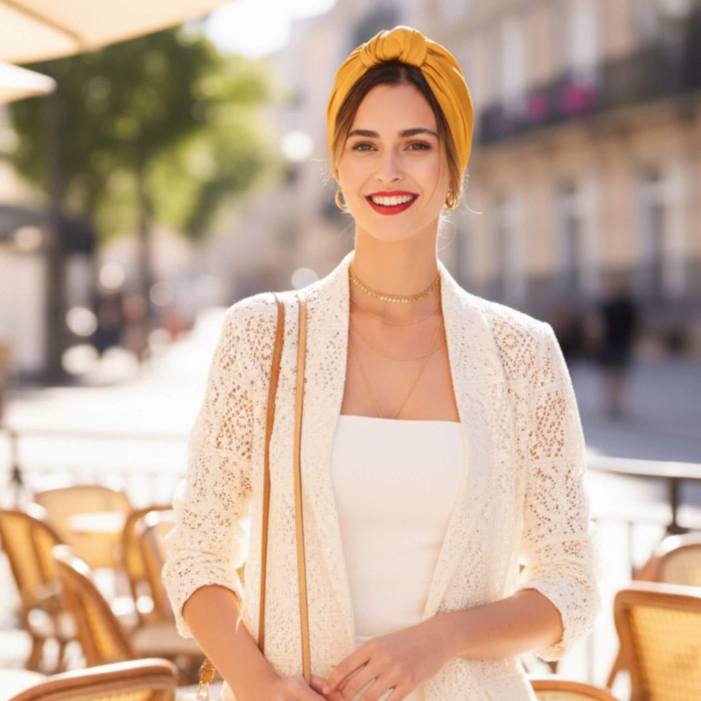 Look completo con turbante parisino miel dorado combinado con un outfit casual elegante, ideal para un estilo moderno y sofisticado.