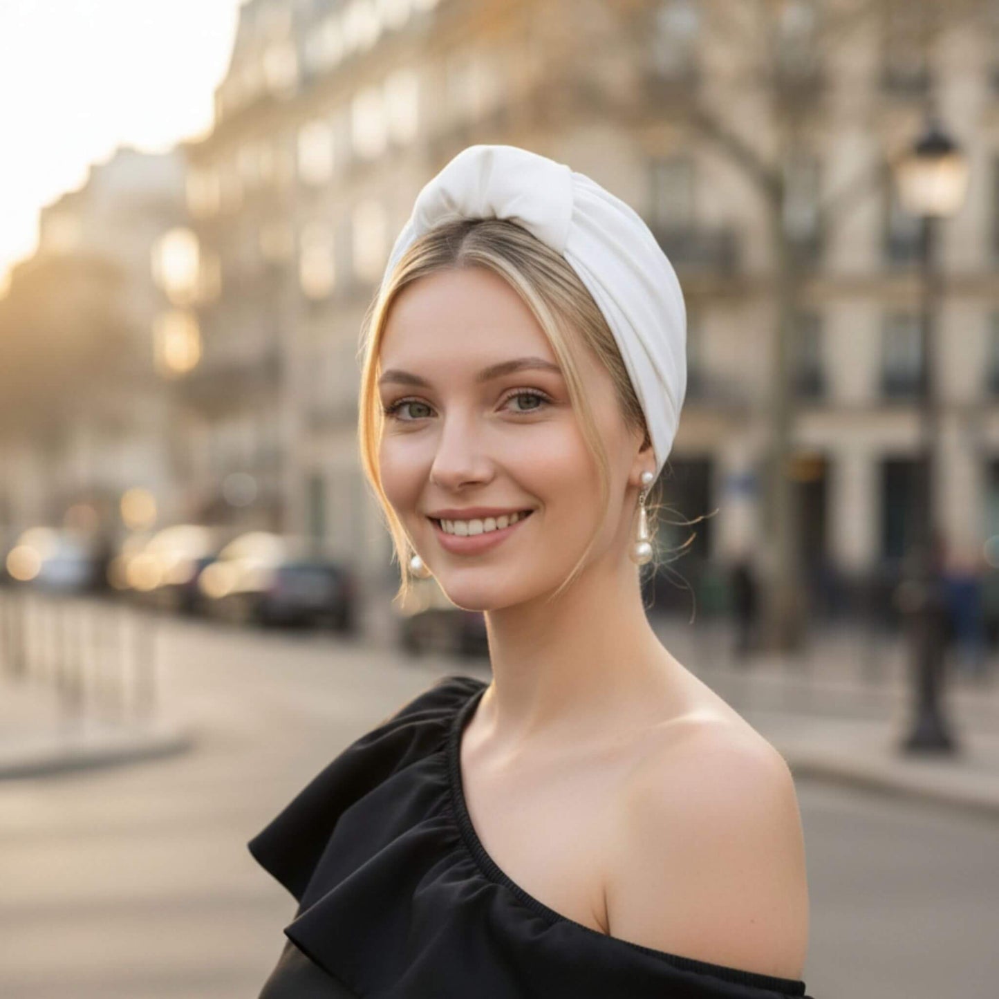 Mujer usando turbante parisino perla blanca en un estilo lifestyle relajado, transmitiendo un look natural, fresco y elegante