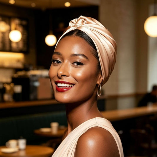 Mujer con turbante de satén champagne visto de perfil, mostrando un diseño delicado y fluido con inspiración caribeña
