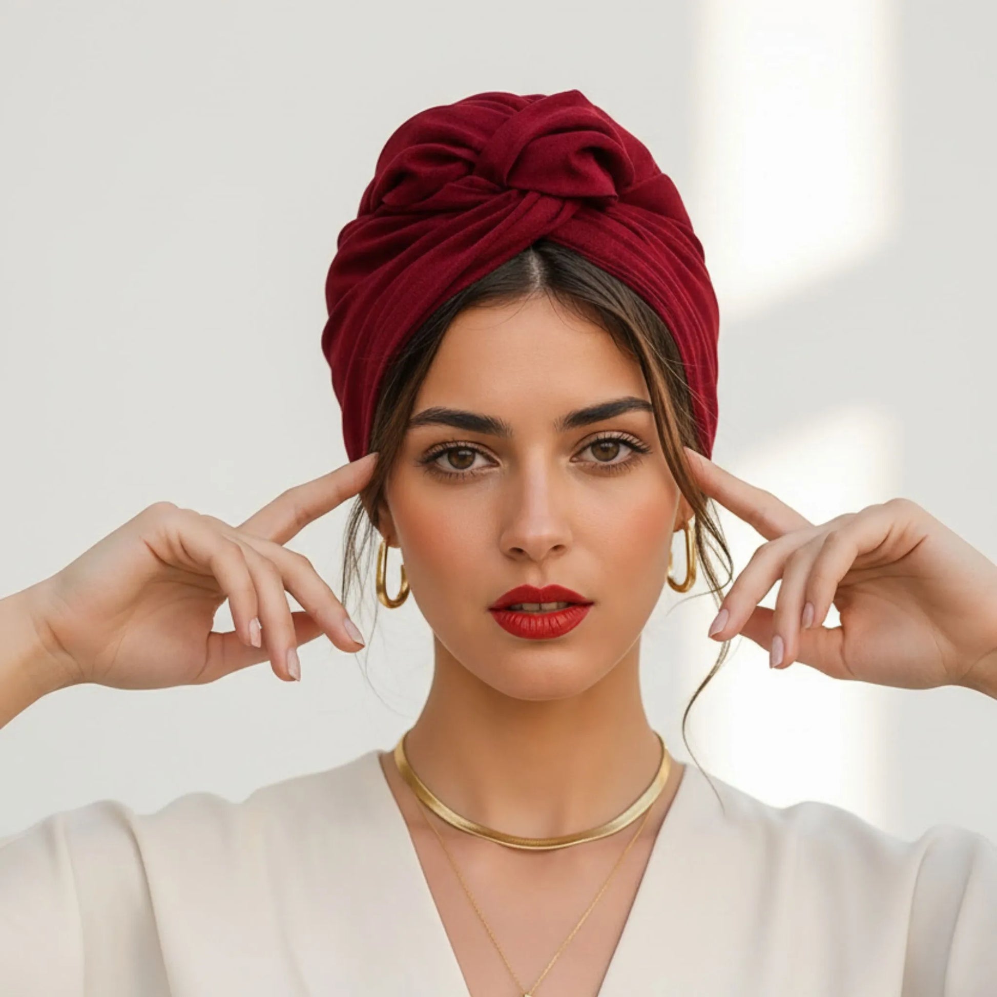 Turbante cubano burdeos de algodón para mujer, ligero, cómodo y fácil de colocar.