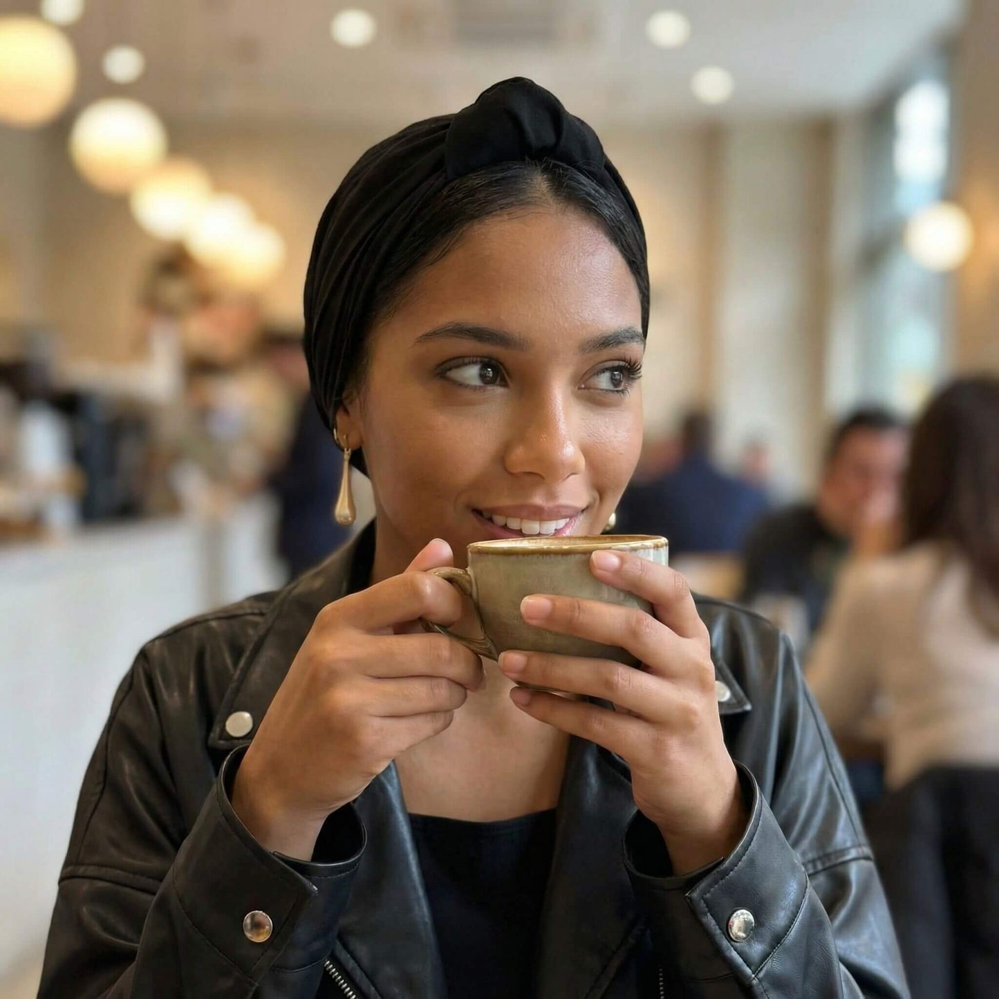 Mujer joven con turbante negro tomando café en una cafetería