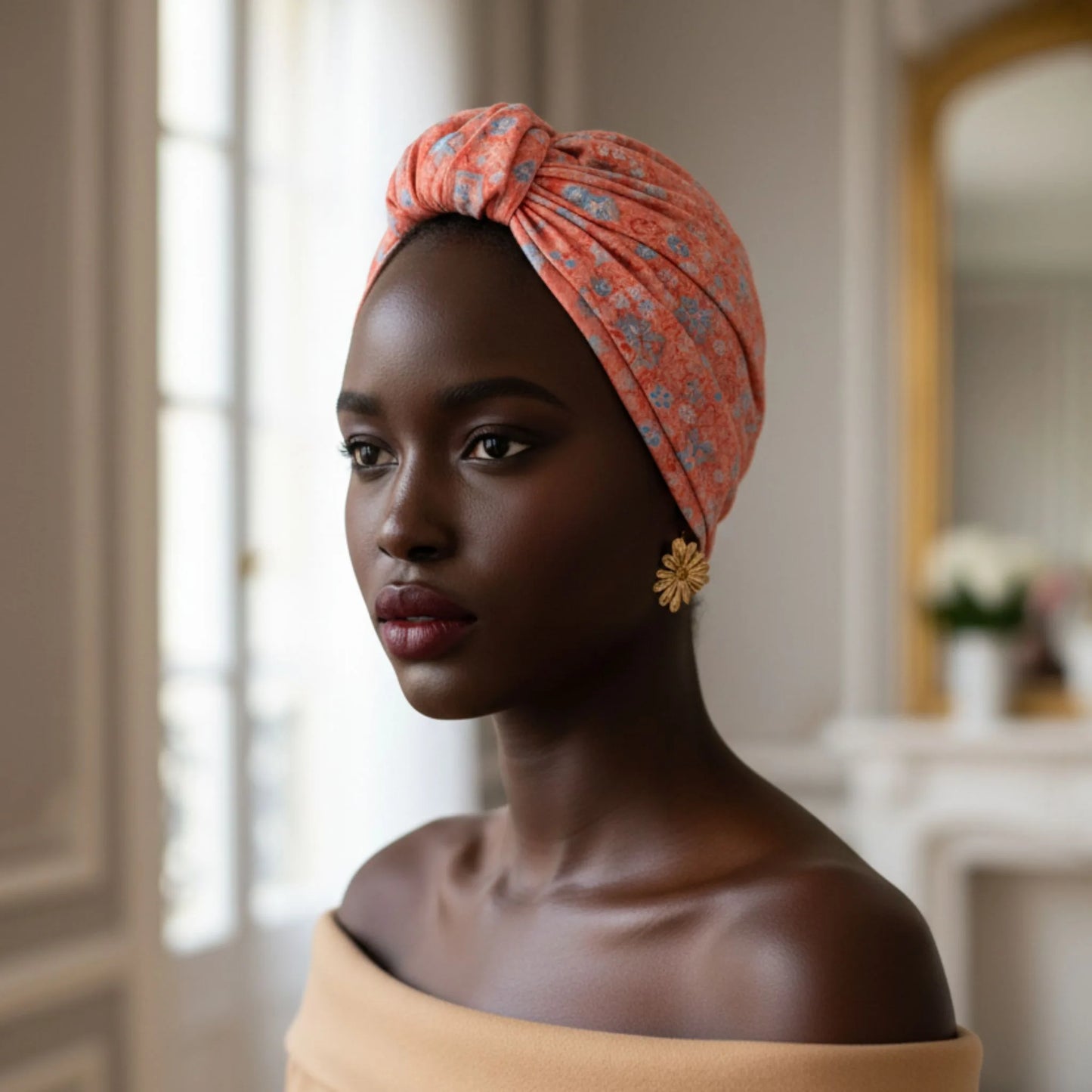 Mujer con turbante Parisino Coral mostrando el perfil en un interior elegante