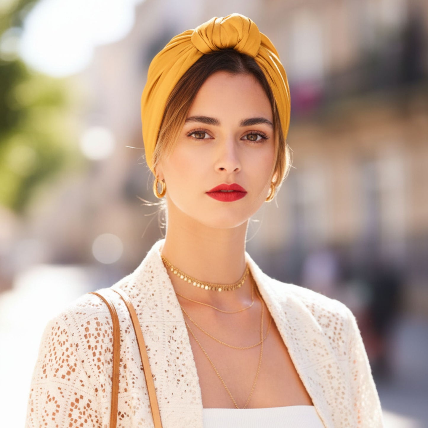 Mujer usando turbante parisino miel dorado en un estilo lifestyle relajado, con un look cálido, natural y elegante en su rutina diaria.