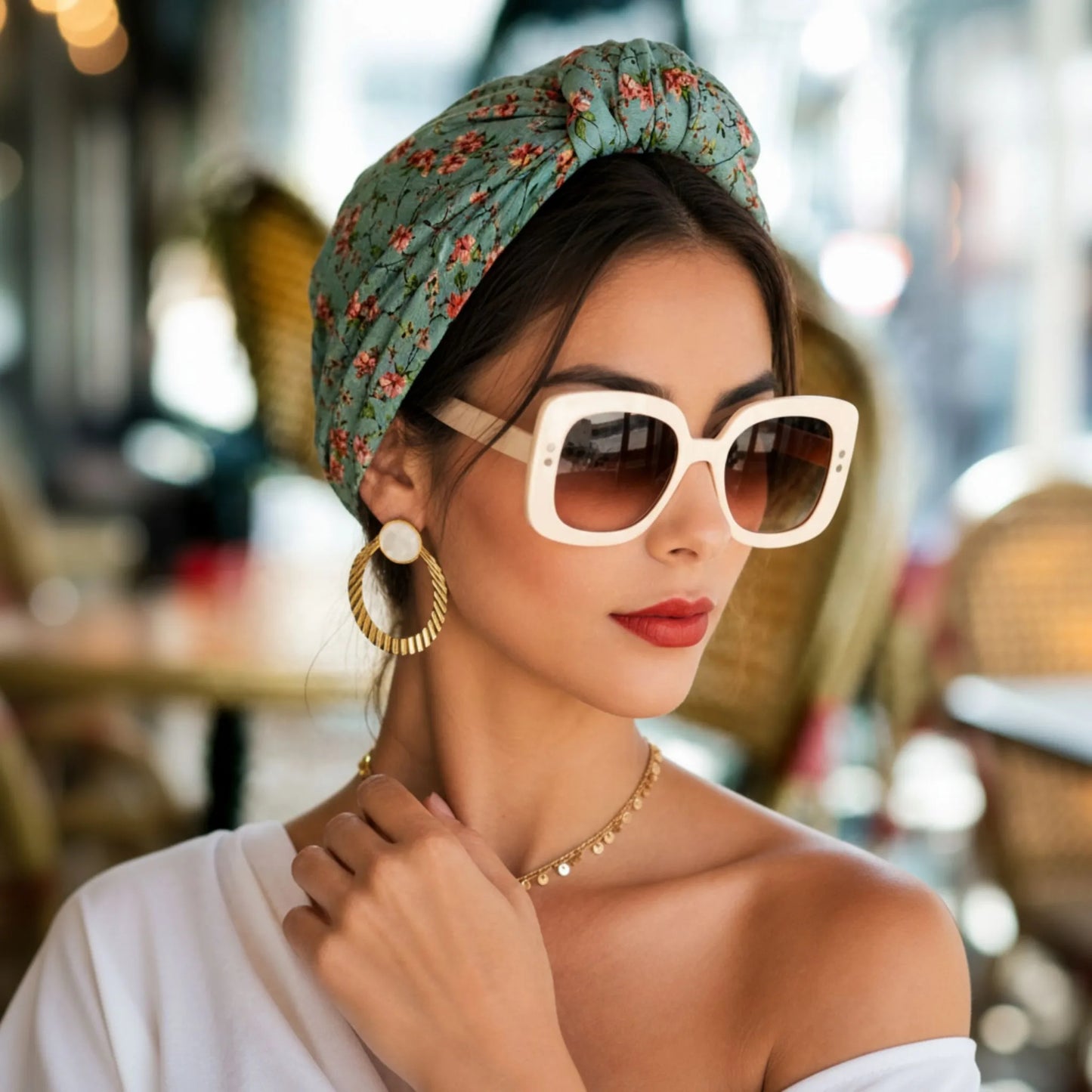 Mujer con gafas de sol y turbante Parisino Salvia mostrando un look elegante y moderno
