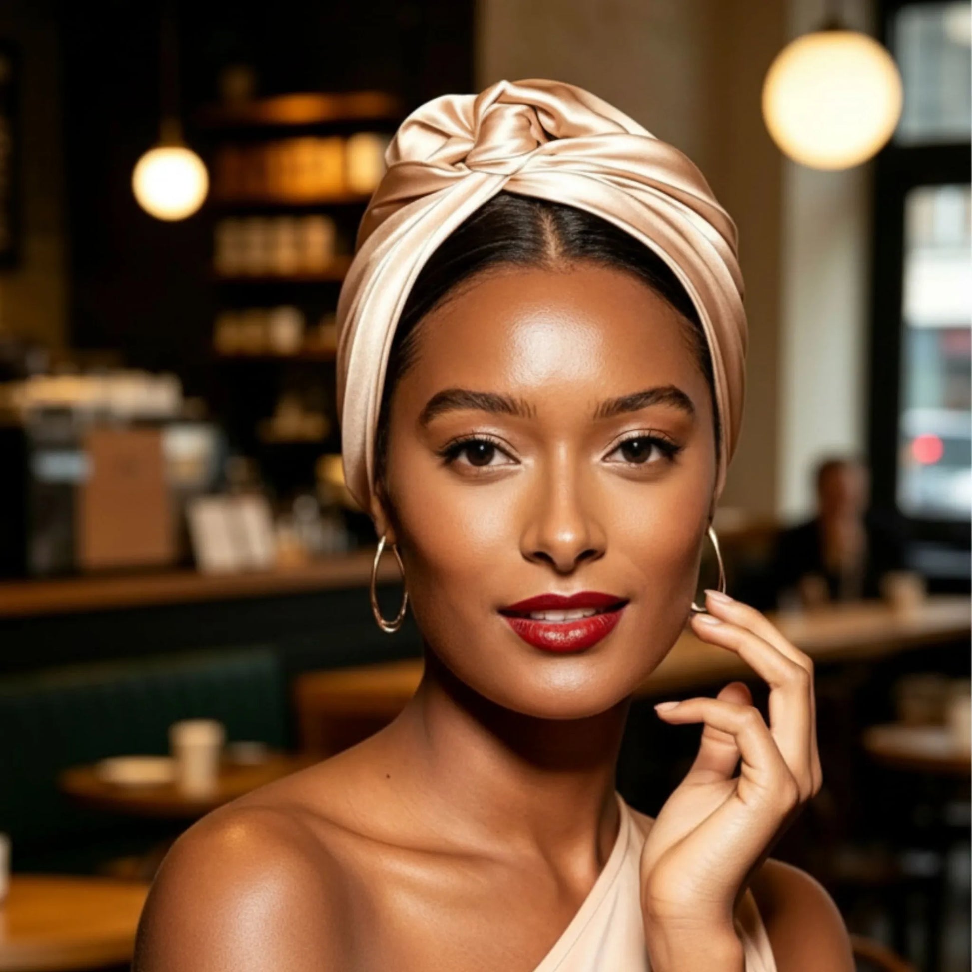 Mujer con turbante de satén color champagne visto de frente, estilo cubano suave y elegante con un toque luminoso.