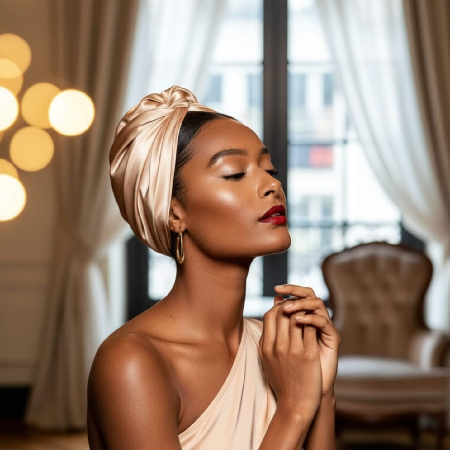 Mujer usando turbante de satén color champagne en un estilo lifestyle natural, aportando elegancia suave e inspiración cubana.