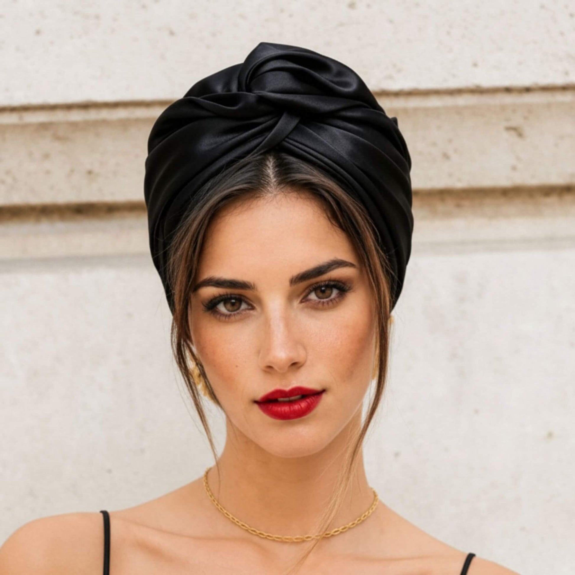 Mujer con turbante de satén negro visto de frente, estilo cubano elegante y minimalista para un look sofisticado en segundos.
