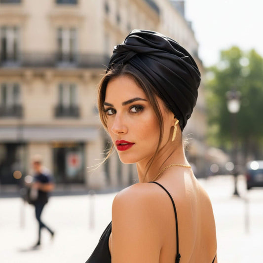 Mujer usando turbante de satén negro en un estilo lifestyle natural, inspirado en la estética cubana para un look effortless y elegante.