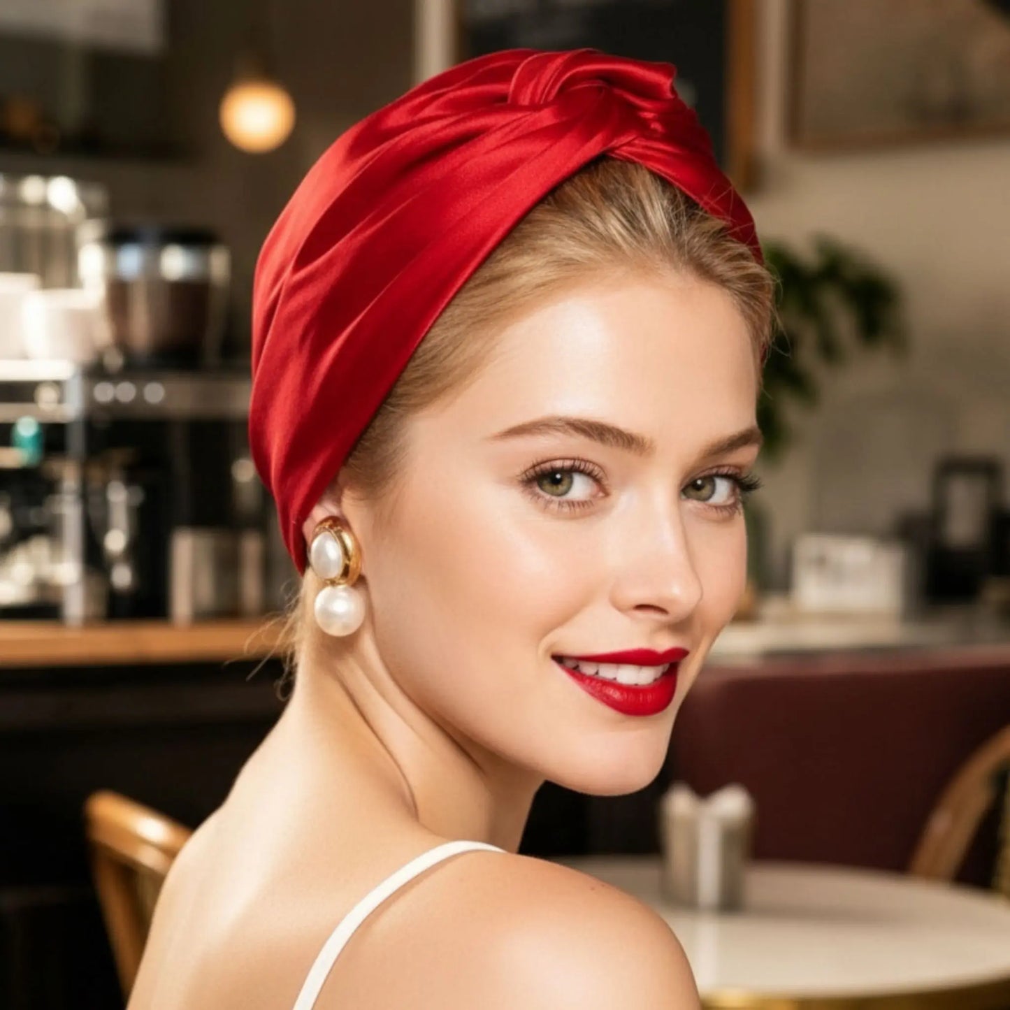 Mujer con turbante de satén rojo en ángulo de tres cuartos, con estética caribeña e inspiración en estilo cubano