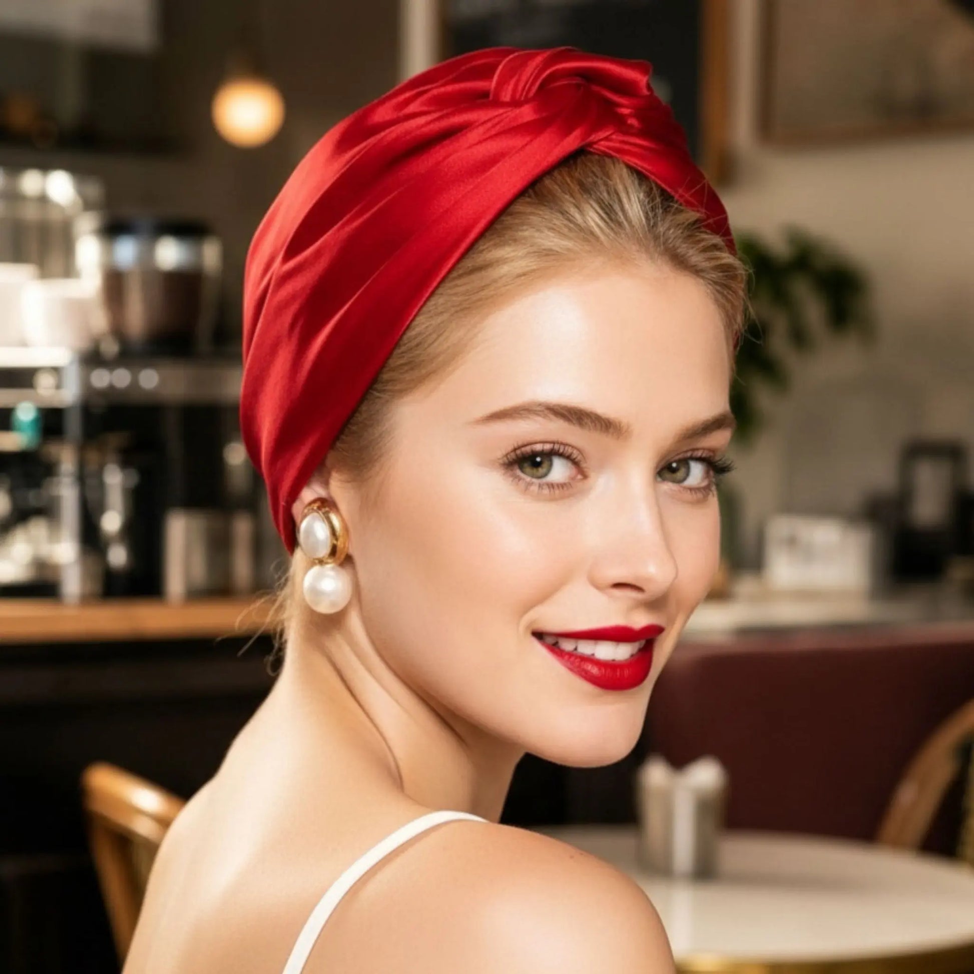 Mujer con turbante de satén rojo en ángulo de tres cuartos, con estética caribeña e inspiración en estilo cubano