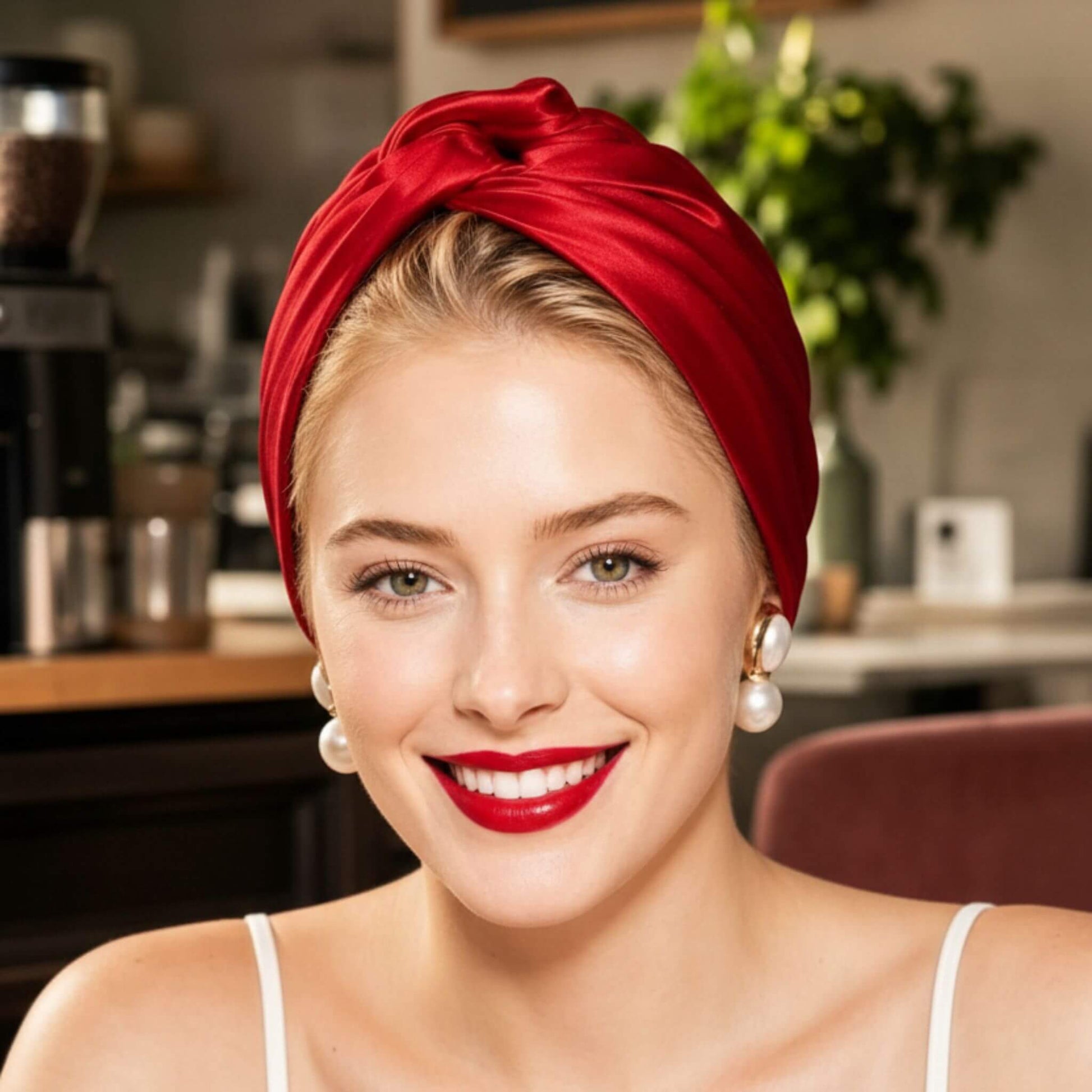 Mujer con turbante de satén rojo visto de frente, con inspiración en estilo cubano y caribeño, ideal para un look elegante y rápido.