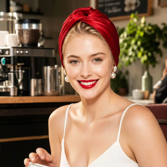 Mujer usando turbante de satén rojo en un estilo lifestyle natural, inspirado en el Caribe y la estética cubana, perfecto para un bad hair day.