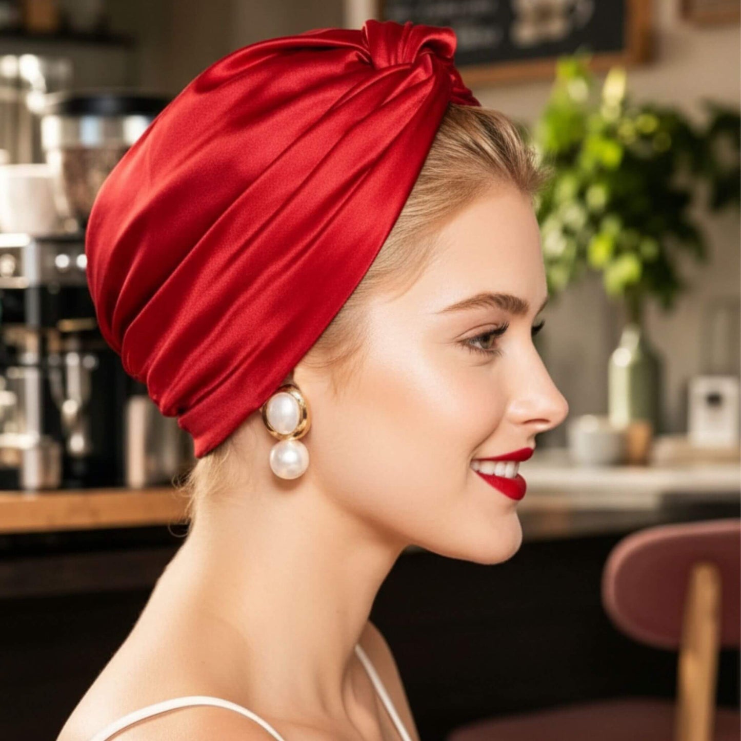 Mujer con turbante de satén rojo visto de perfil, diseño inspirado en el estilo cubano con acabado elegante y brillante.