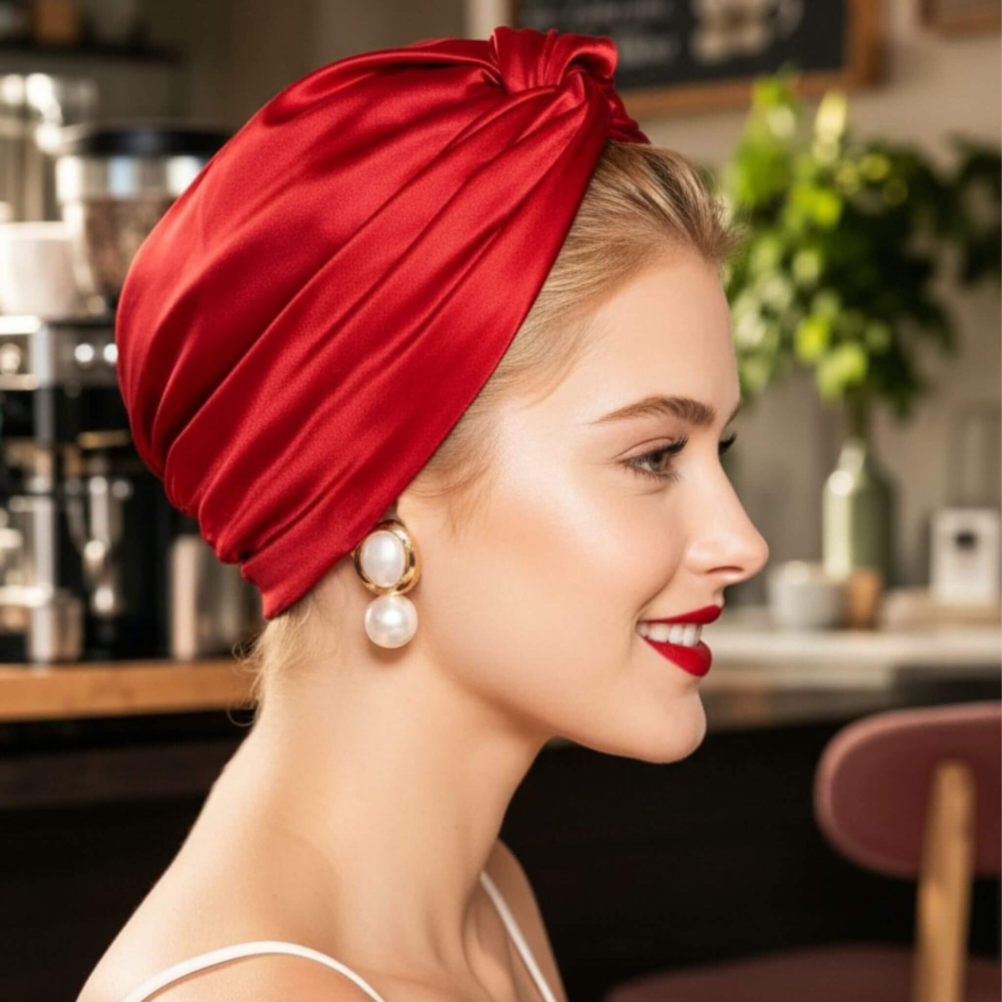 Mujer con turbante de satén rojo visto de perfil, diseño inspirado en el estilo cubano con acabado elegante y brillante.